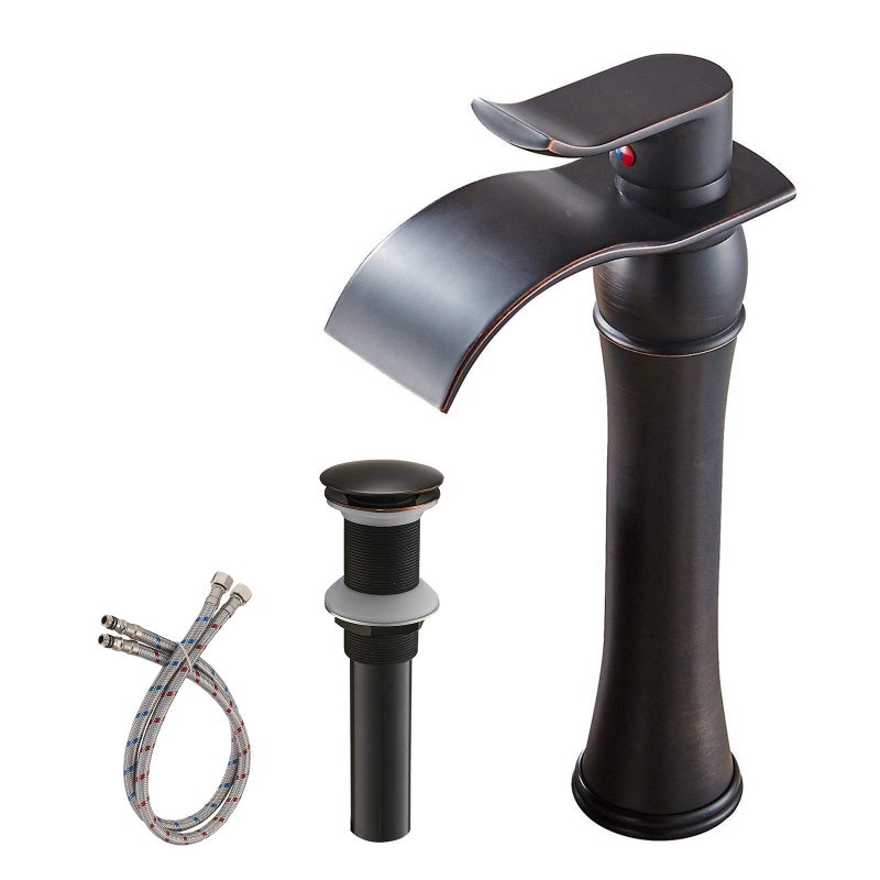 BWE Vessel Sink Faucet Oil Rubbed Bronze Farmhouse Waterfall Single Hole Bathroom Faucet with Pop Up Drain Without Overflow and Supply Line Bath Basin Single Handle Faucets Sink Lavatory Mixer Tap - Image 1